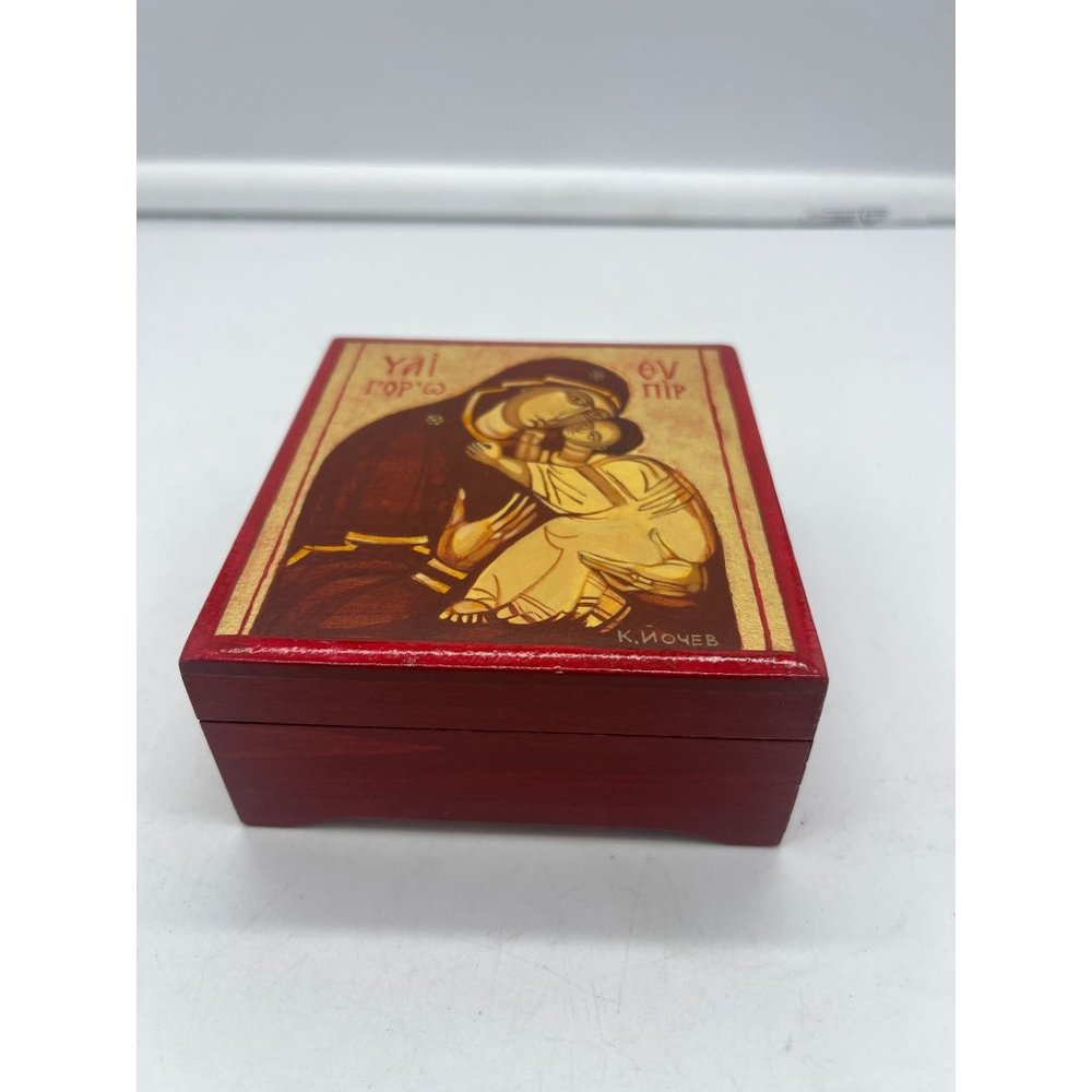 Bulgaria Religious Icon Hand Painted Box Virgin with God Red and Gold
